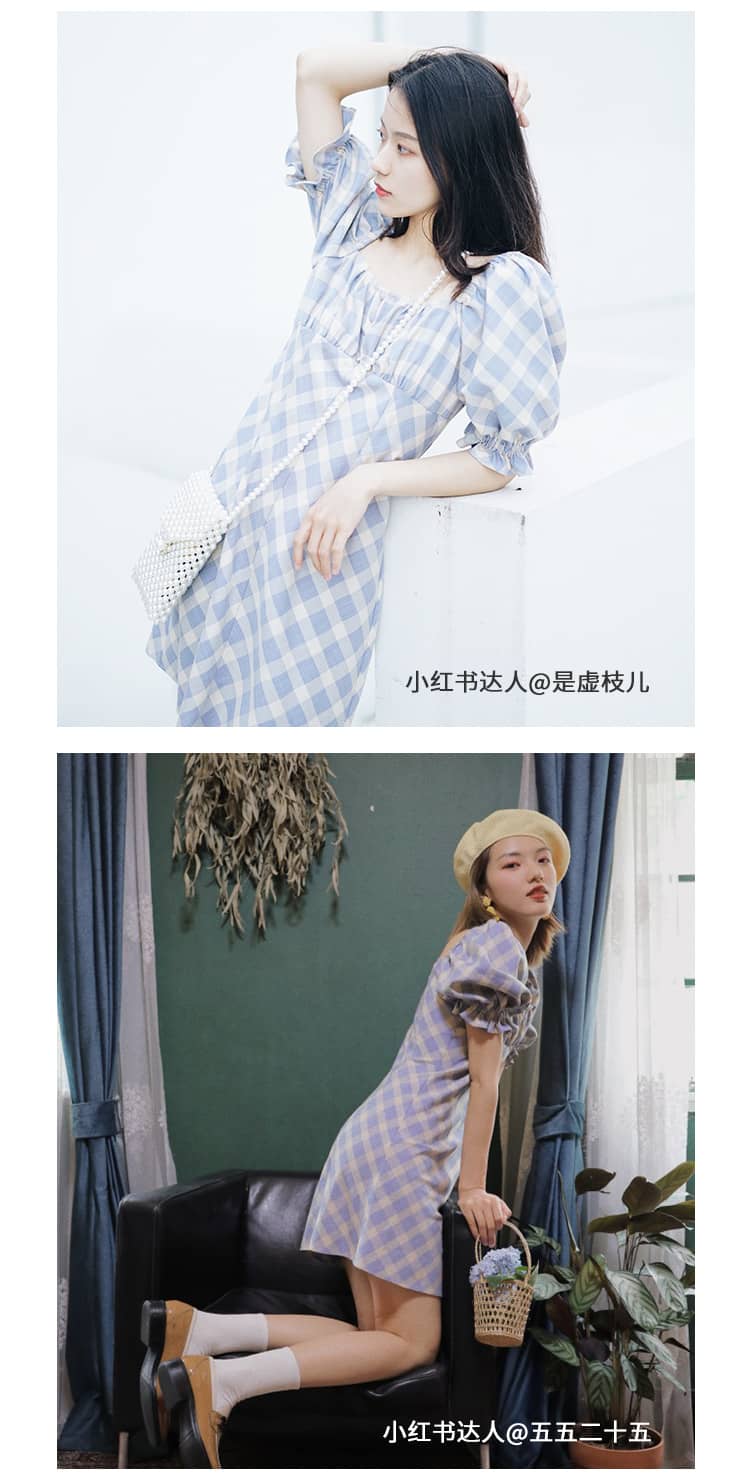 机智的上半场章若楠同款HOWLx 蓝色格纹露锁骨显瘦法式连衣裙