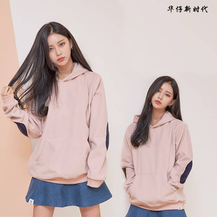 任意依恋卢乙裴秀智明星同款粉色套头宽松拼接连帽卫衣