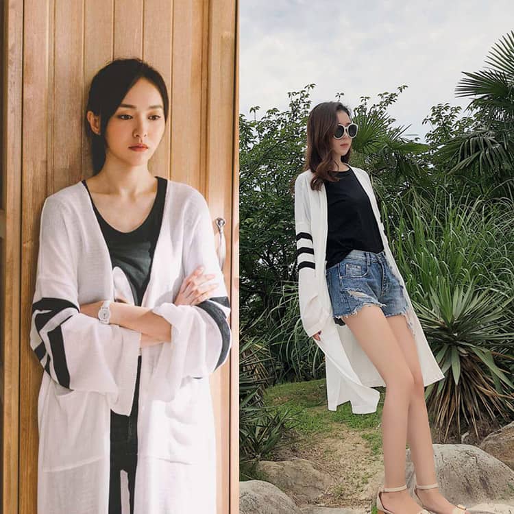归去来唐嫣萧清明星同款白色拼接黑条纹袖子防晒衫